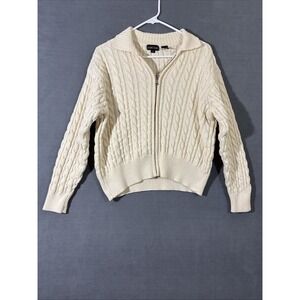 Jeanne Pierre Crop Cardigan Womens M Cream Chunky Knit‎ Collar Fisherman Y2K